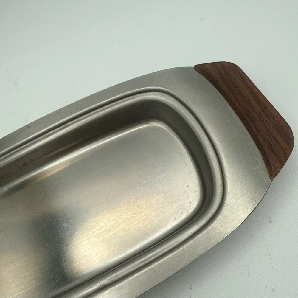 VTG MCM Monarch Mark III 18-8 Stainless Steel Butter Dish Wood Handles Japan